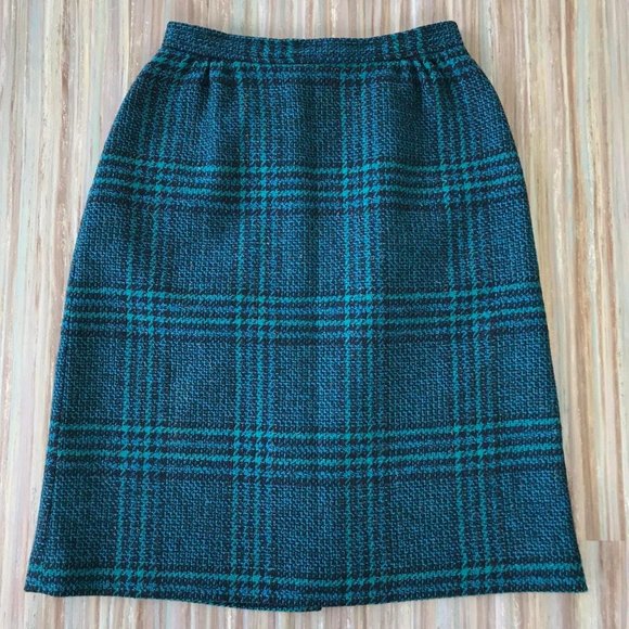 Vintage Teal Wool Tweed Plaid Knee Length Pencil Skirt Tall Girl Brand 26" Waist - Picture 2 of 4